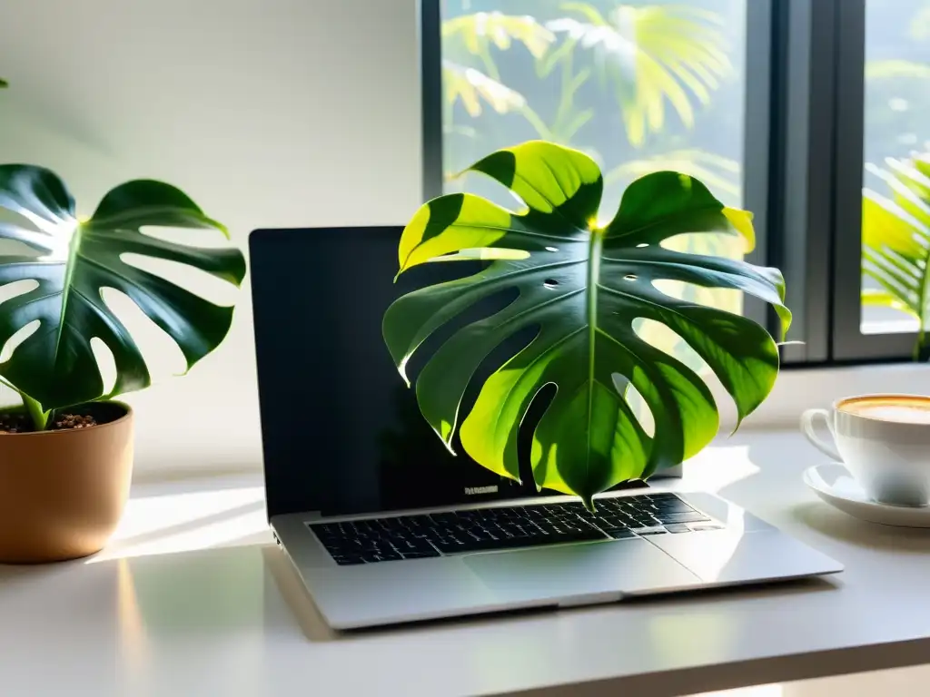 Un entorno de trabajo minimalista y productivo con una exuberante planta de monstera, influenciando la concentración y la productividad