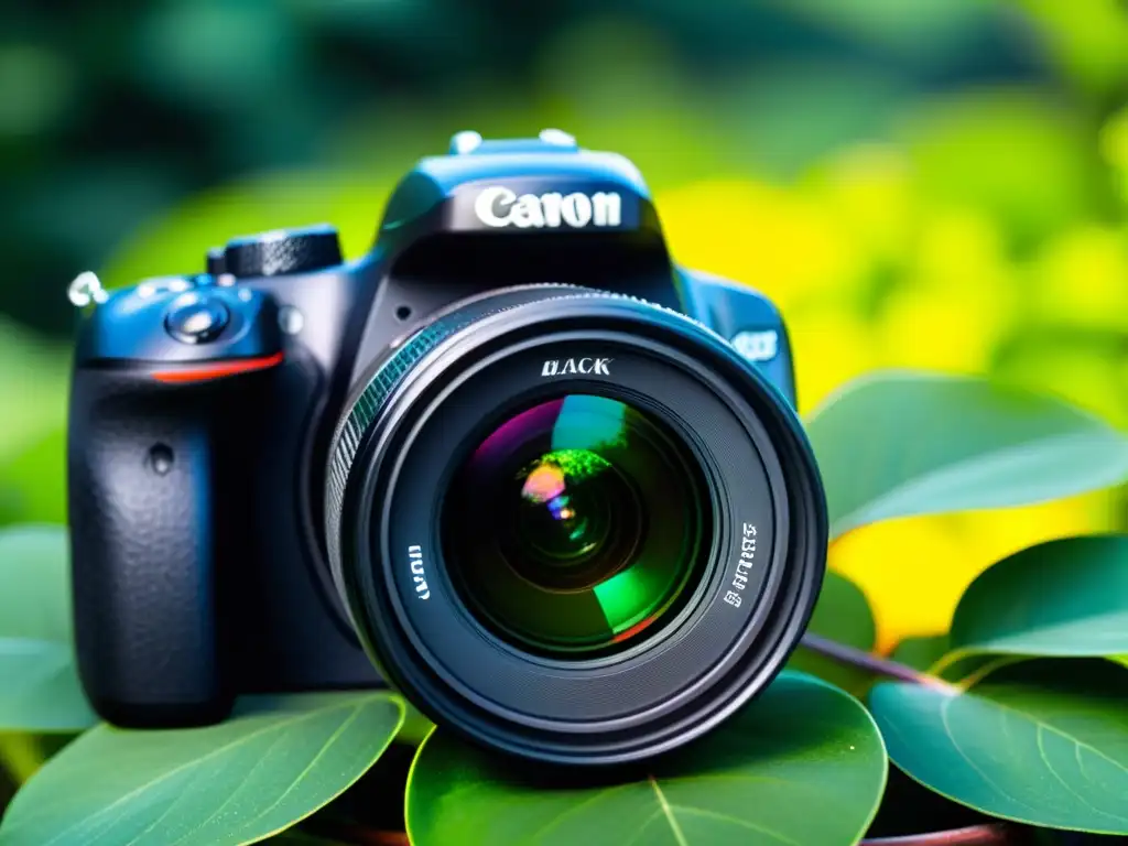 Equipo básico para fotografía botánica: DSLR negro con lente macro capturando detalles de una flor entre follaje verde vibrante