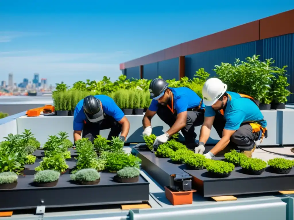 Un equipo de trabajadores con arneses y cascos instalando plantas en una azotea verde