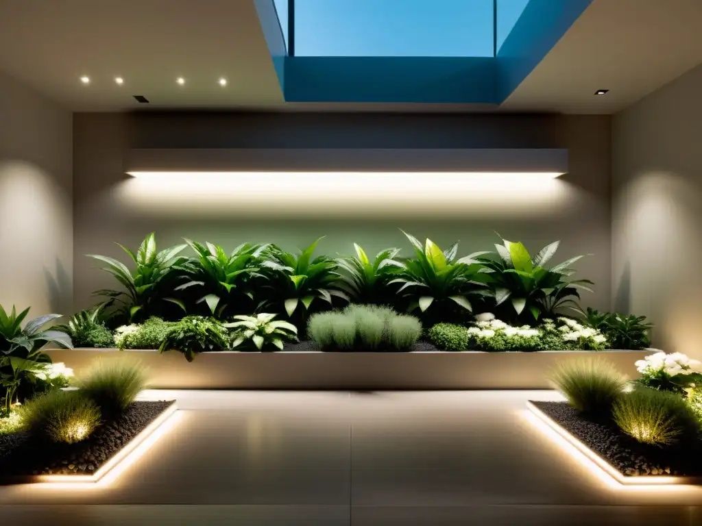 Distribución equitativa iluminación jardín interior: Imagen de jardín interior moderno con iluminación equitativa y diseño minimalista