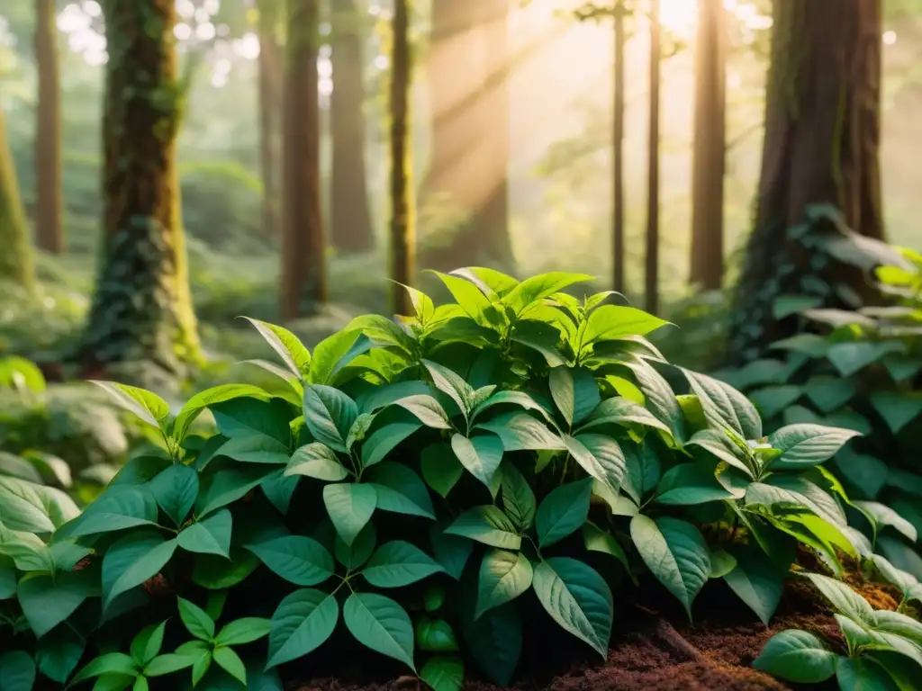 Escena boscosa vibrante con plantas emblemáticas en literatura, como hiedra venenosa, mandrágora y rosa encantada, creando un ambiente etéreo