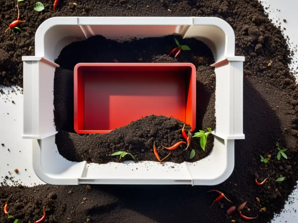 Una escena detallada de vermicompostaje en un elegante contenedor, con lombrices rojas y materiales orgánicos en capas