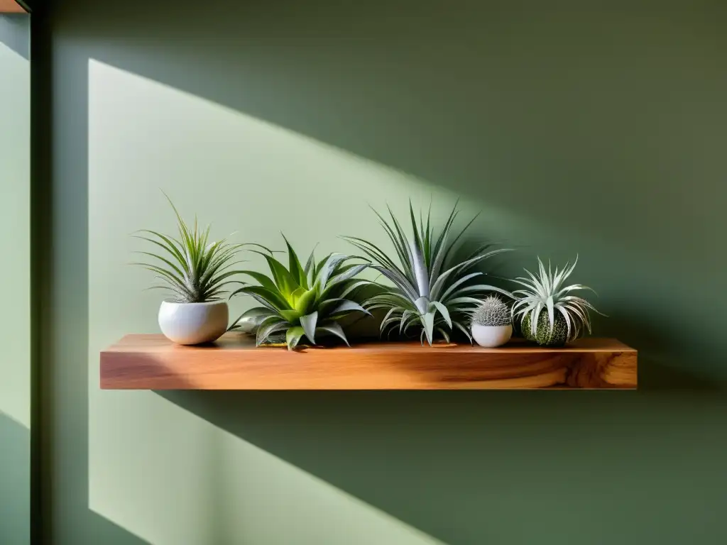 Escena minimalista de plantas aéreas purificación aire interior en estante de madera, bañadas en suave luz natural