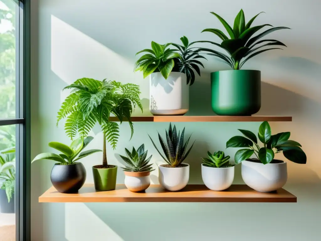 Un escenario minimalista con plantas de interior vibrantes en modernos estantes blancos