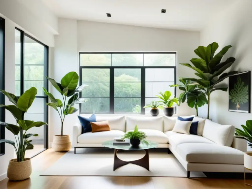 Escenas naturales con plantas de interior: Sala minimalista con ventana de piso a techo, sofá blanco y plantas, creando un ambiente sereno y acogedor