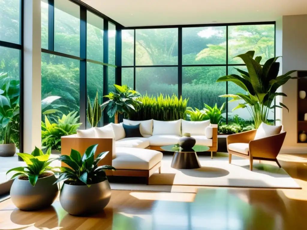 Escenas naturales con plantas de interior: Sala iluminada por el sol con plantas exuberantes y atmósfera serena