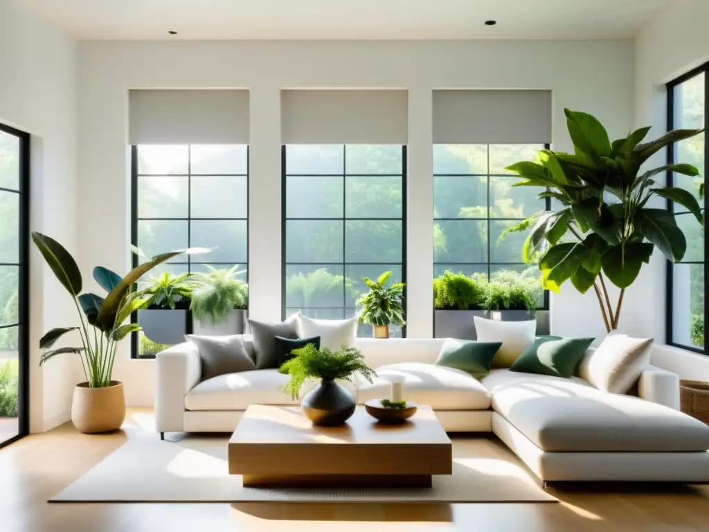 Escenografías naturales con plantas de interior en un salón minimalista inundado de luz natural y sombras verdes en las paredes blancas