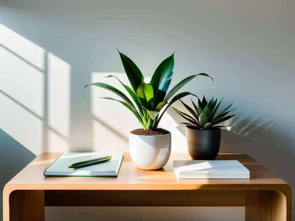 Un escritorio minimalista con una hermosa planta de interior para relajación laboral, bañada por la suave luz del sol