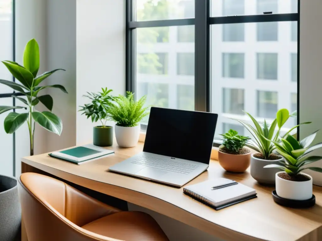 Un escritorio minimalista con laptop, libreta y plantas de interior en maceteros geométricos