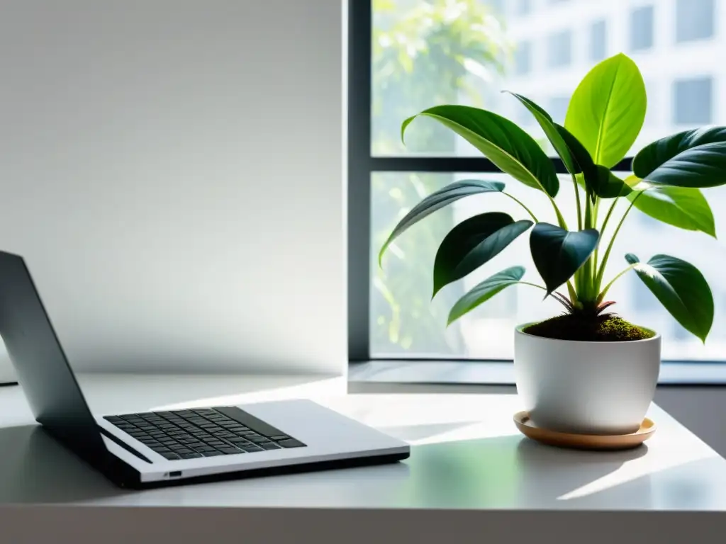 Escritorio minimalista con laptop, bloc de notas y planta verde en maceta blanca