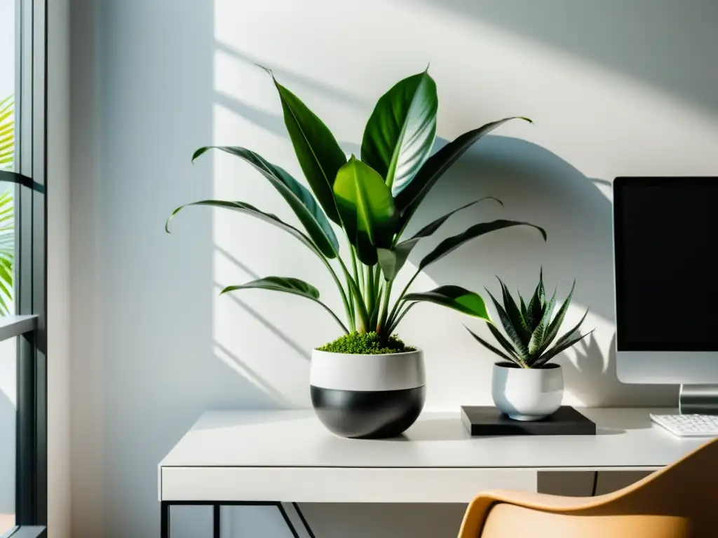 Un escritorio minimalista con una planta de interior vibrante destacando en un ambiente moderno y relajante