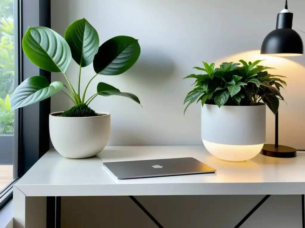 Un escritorio minimalista con una planta de interior en maceta blanca