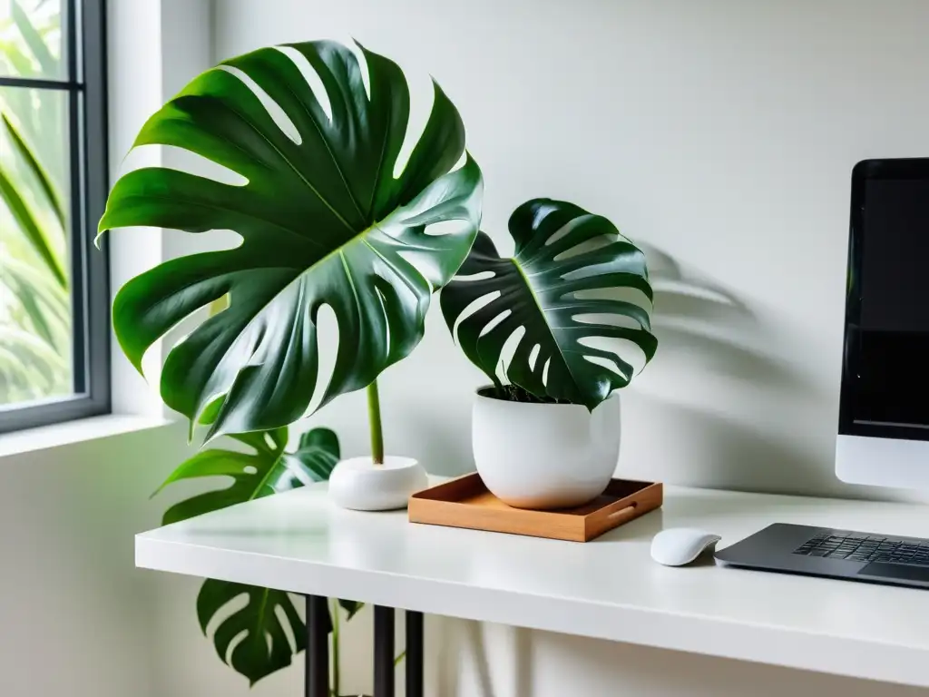 Un escritorio moderno con una exuberante planta de interior en un elegante jarrón blanco