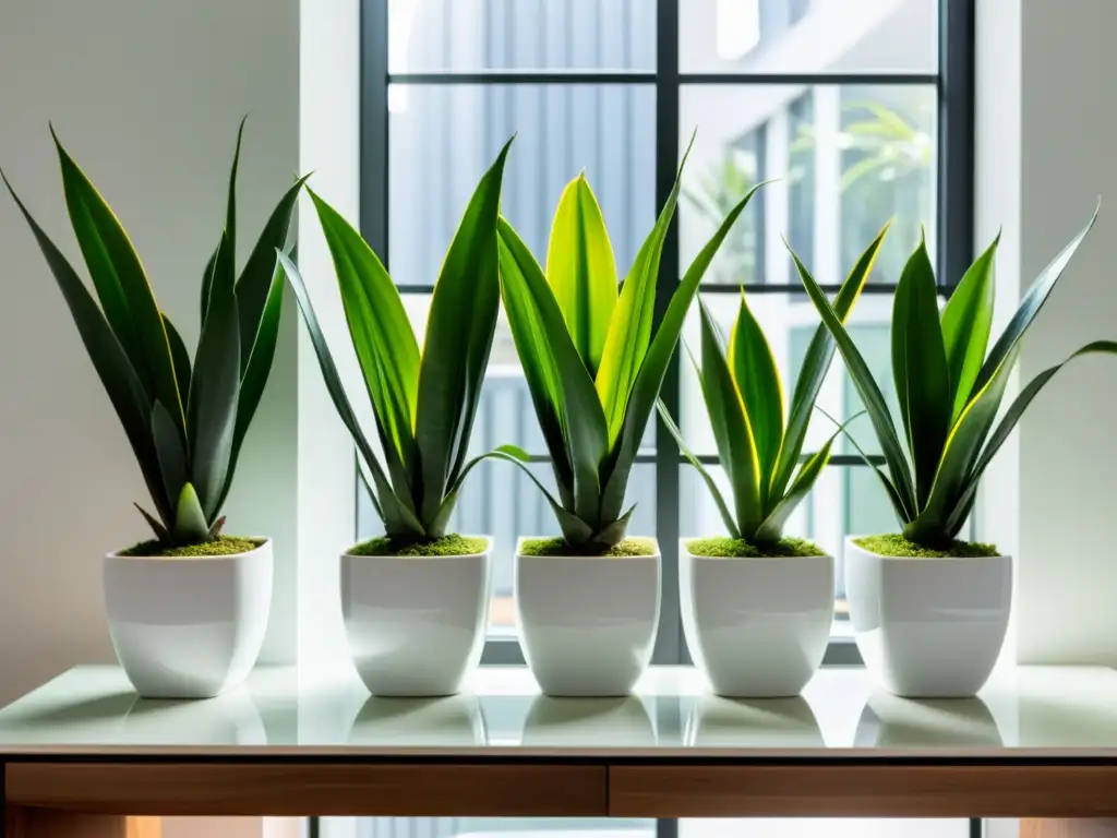 Escritorio moderno con filas de plantas de interior para prosperidad en macetas blancas, bañado por luz natural