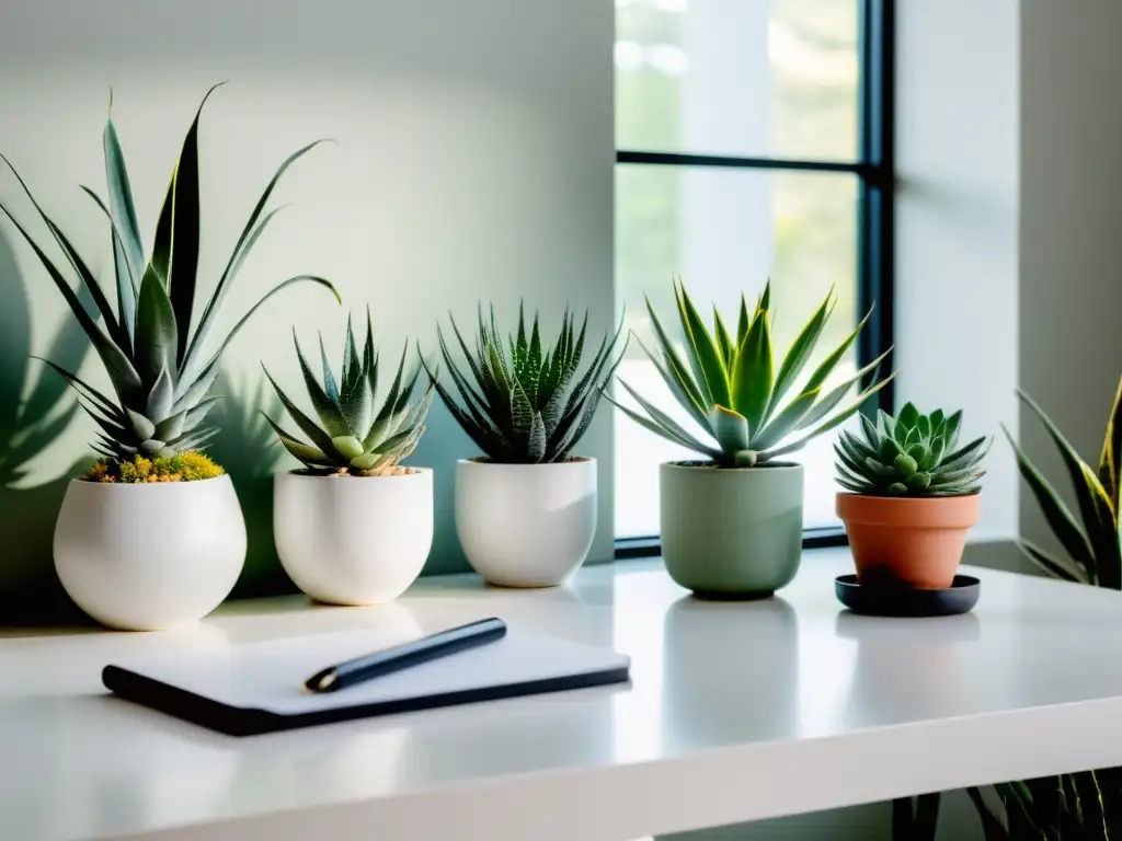 Un escritorio moderno con plantas de interior en macetas blancas crea un espacio de trabajo sereno y acogedor