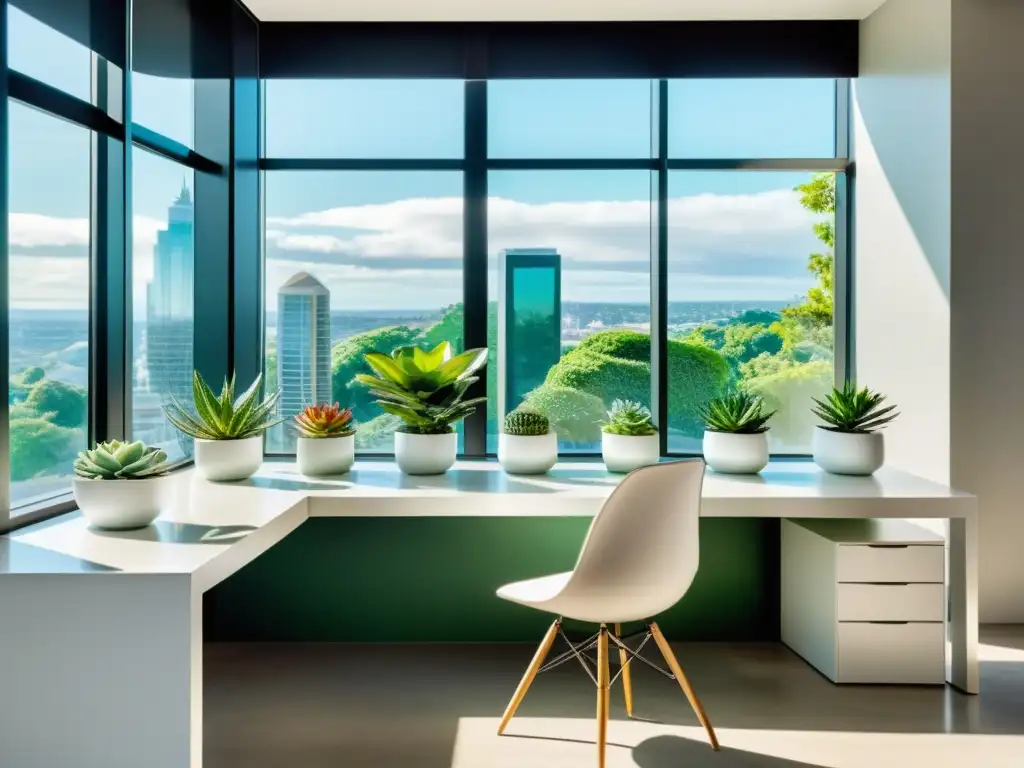 Escritorio moderno con plantas de interior para oficina, iluminado por luz natural y vista a paisaje urbano verde