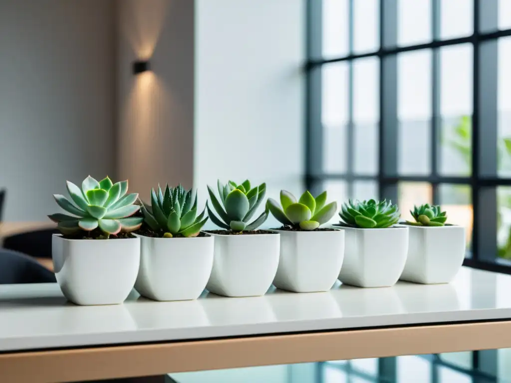 Un escritorio moderno con plantas suculentas vibrantes en macetas blancas, iluminado por luz natural