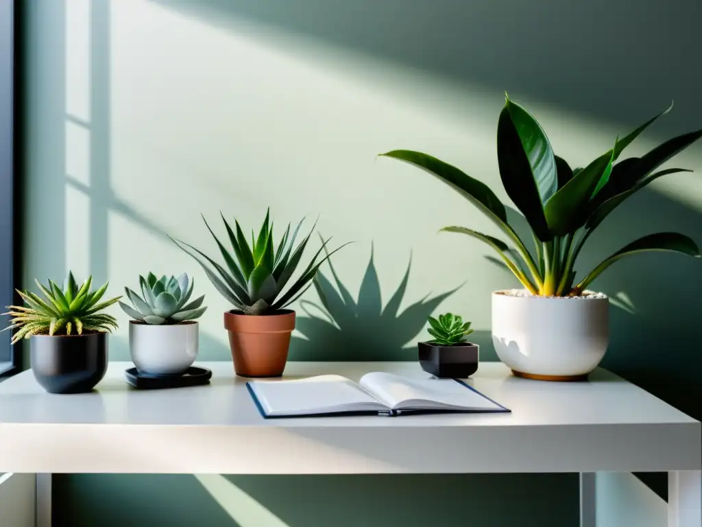 Un escritorio de oficina moderno y minimalista con plantas de interior estratégicamente colocadas para aumentar la concentración y la productividad