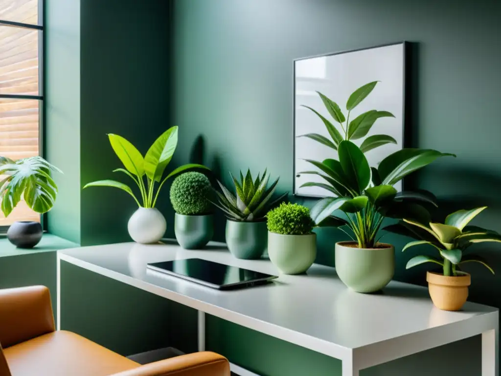 Escritorio de oficina moderno con plantas de interior para productividad, bañado en luz natural y atmósfera tranquila