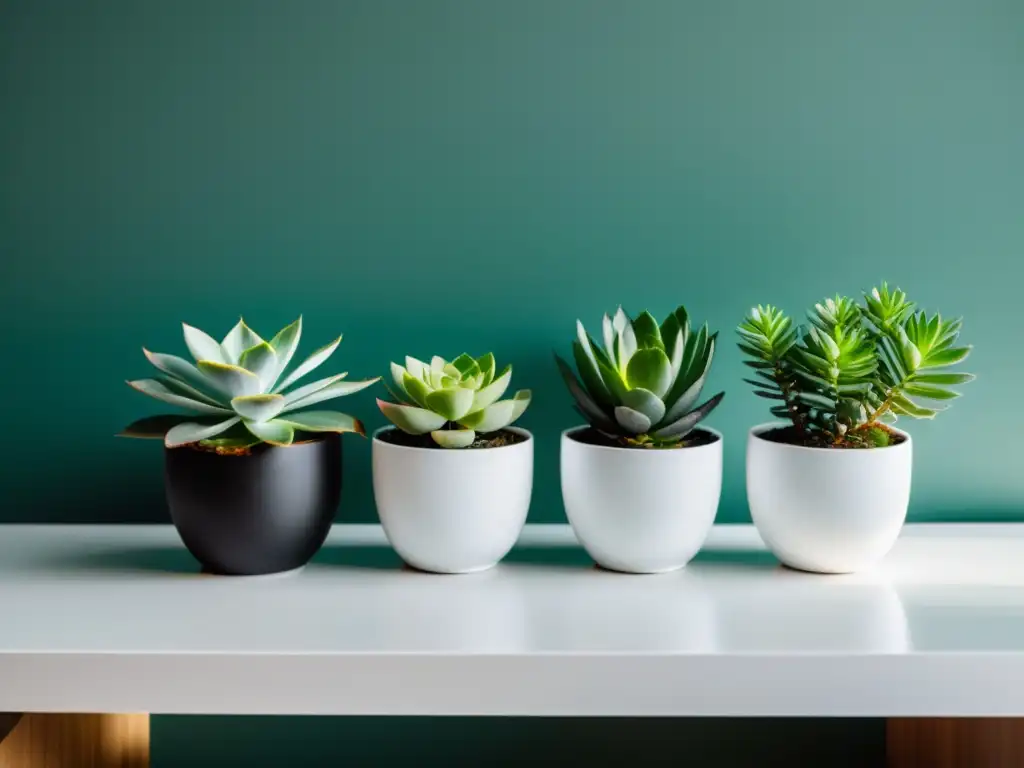 Escritorio de oficina moderno con plantas de interior para oficina en macetas blancas, bañado por luz natural, creando un ambiente sereno y productivo