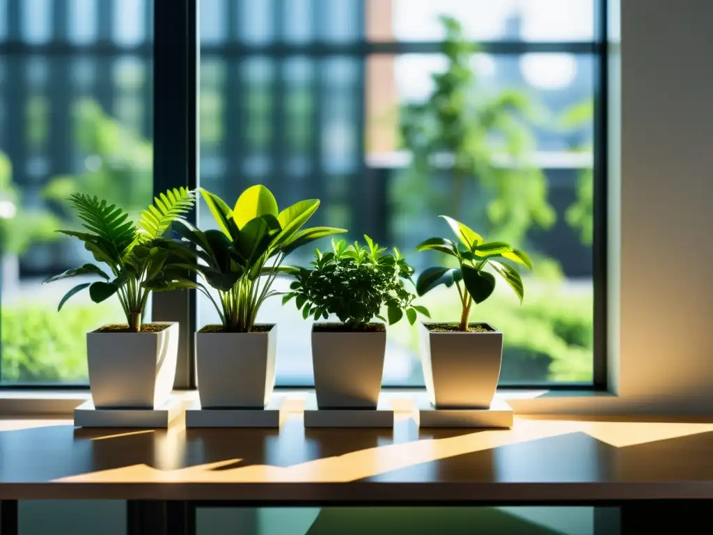 Un escritorio de oficina moderno con plantas en macetas, creando un ambiente tranquilo y productivo