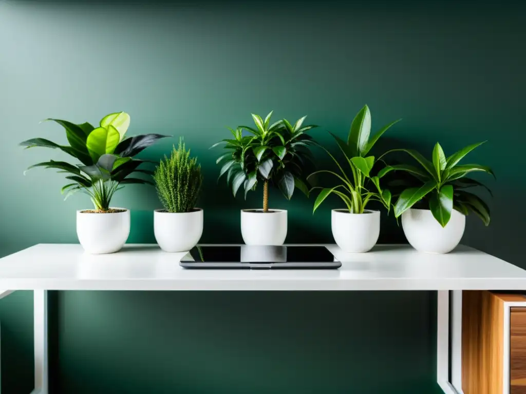 Un escritorio de oficina moderno con plantas verdes en macetas elegantes, iluminado con luz natural