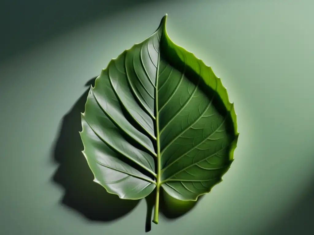 Escultura de hoja de planta: detalle ultrarrealista Escultura de hoja con formas y texturas orgánicas en material mate, iluminada suavemente, resalta la artesanía impecable