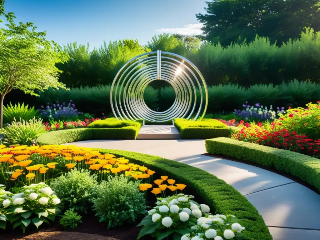 Escultura minimalista de metal en jardín comunitario rodeada de flores vibrantes y arbustos cuidados