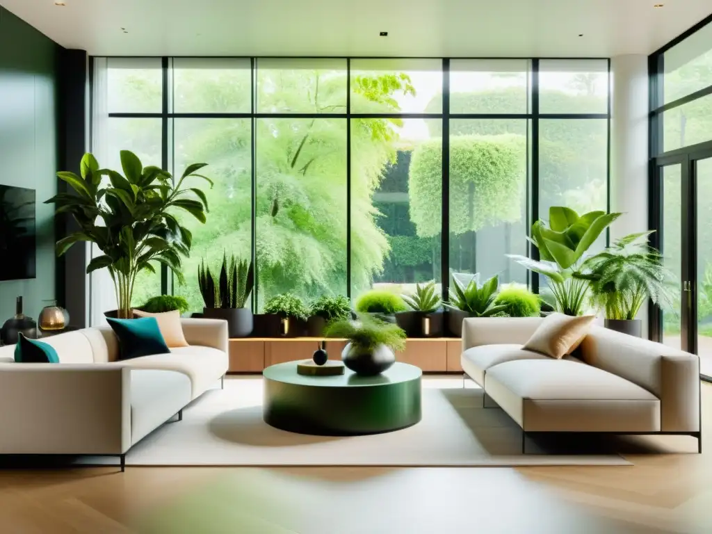 Esencia de tranquilidad en un salón moderno con plantas de interior purificadoras de aire, iluminadas por luz natural