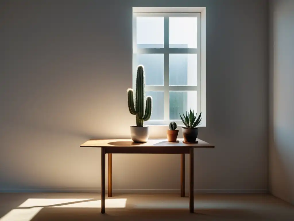 Un espacio blanco minimalista con una mesa de madera y un cactus en casa feng shui