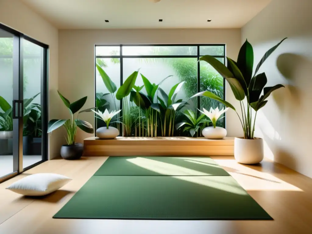 Espacio de meditación en casa con plantas de interior para meditación, diseño minimalista y atmósfera tranquila y serena