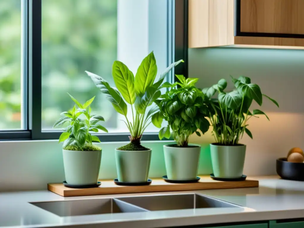 Un espacio de cocina moderno y minimalista con un cultivo de hierbas aromáticas en cocinas pequeñas, bañado por la luz natural