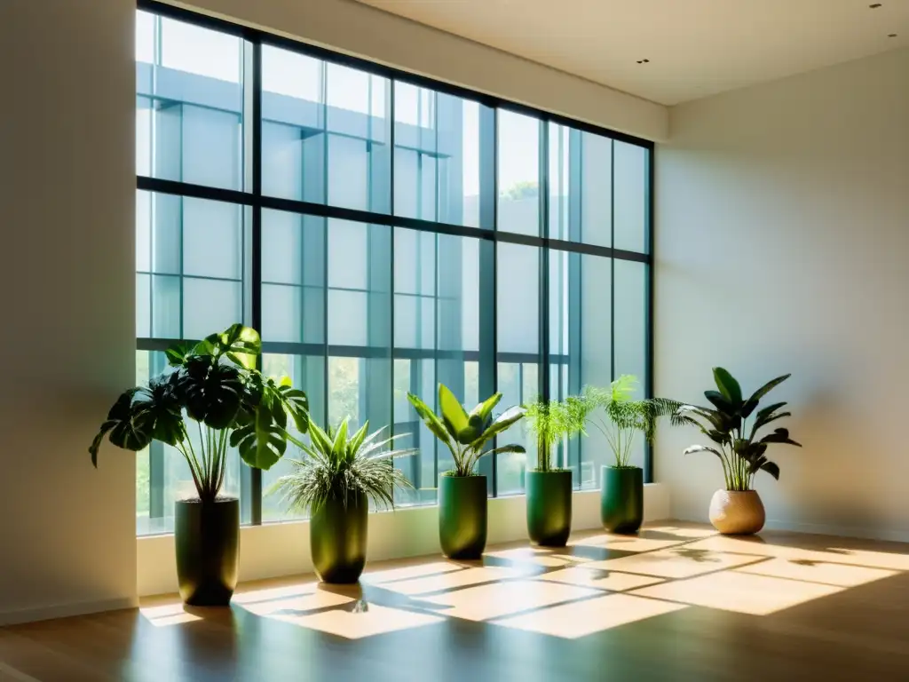 Espacio elegante con plantas interiores iluminadas por luz natural y artificial, equilibrio y armonía