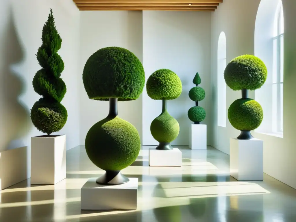 Espacio de galería blanco impecable con esculturas verdes de plantas contemporáneas en pedestales minimalistas, bañado por luz natural suave