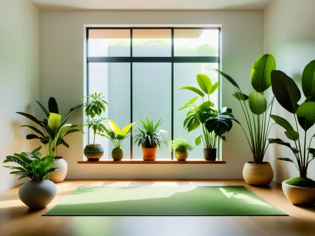 Espacio interior armonioso con plantas de interior según el Mapa Bagua, brindando equilibrio y serenidad