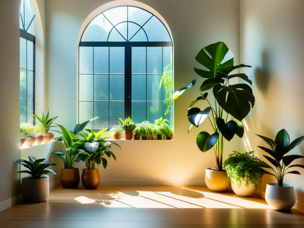 Un espacio interior bañado por la luz del sol con exuberantes plantas de interior