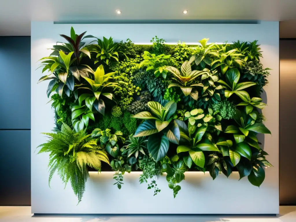 Espacio interior elegante y minimalista con un muro verde de plantas vibrantes en patrón geométrico