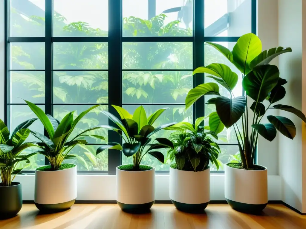 Un espacio interior elegante y minimalista con plantas de interior para purificar aire en macetas modernas y luz natural