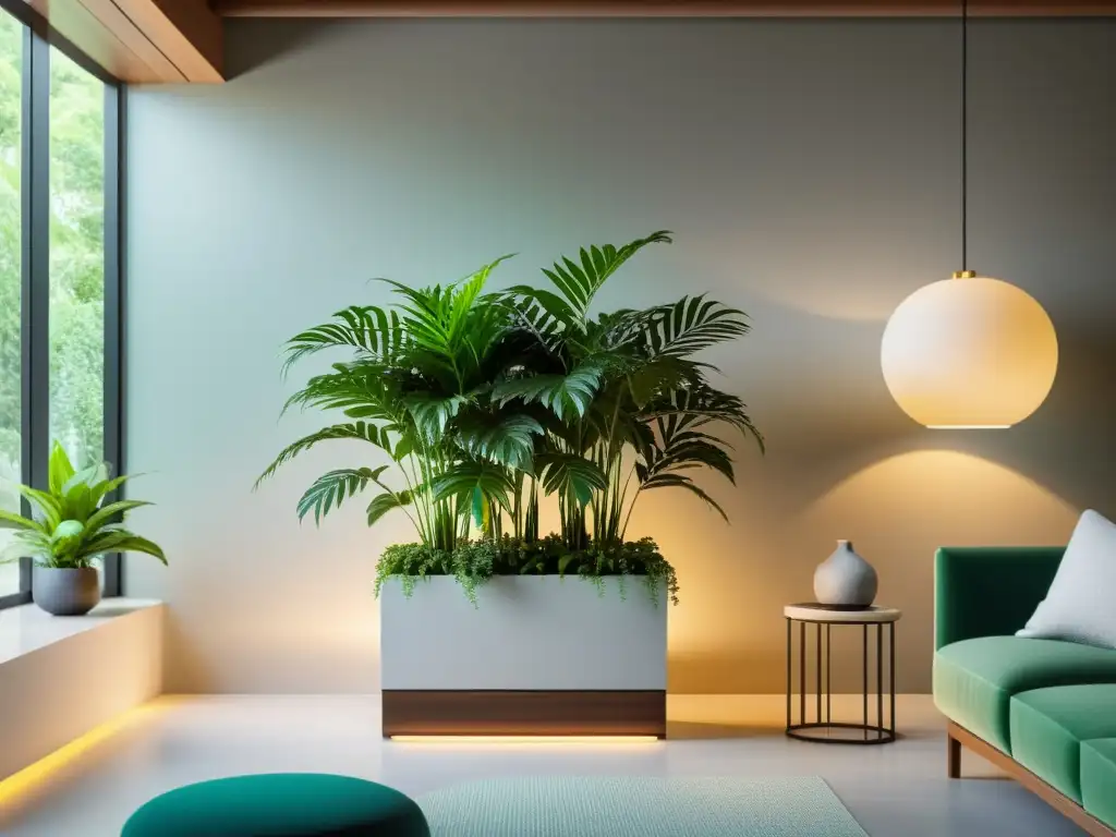 Un espacio interior bien iluminado y minimalista con un moderno cultivo de plantas de neem en interiores, que irradia tranquilidad y sofisticación