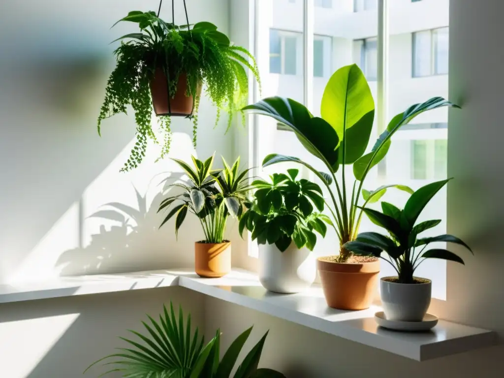 Espacio interior iluminado con plantas verdes exuberantes Espacio interior iluminado por el sol con exuberantes plantas de interior en estanterías modernas