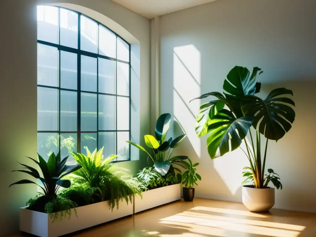 Un espacio interior iluminado por el sol con plantas de interior que disfrutan de la iluminación natural