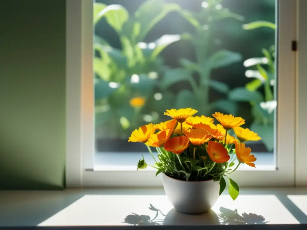 Un espacio interior iluminado por el sol con un cuidado cultivo de caléndula medicinal en interiores, radiando calidez y belleza natural