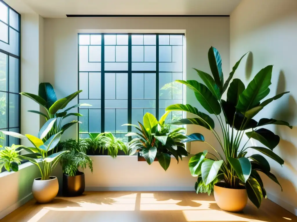 Un espacio interior minimalista bañado por el sol con plantas de interior vibrantes estratégicamente ubicadas para la exposición óptima a la luz solar