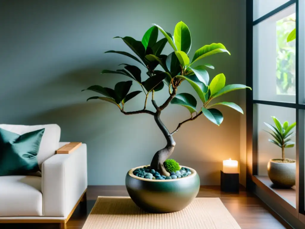 Un espacio interior minimalista con un elegante Ficus verde oscuro en un rincón bien iluminado