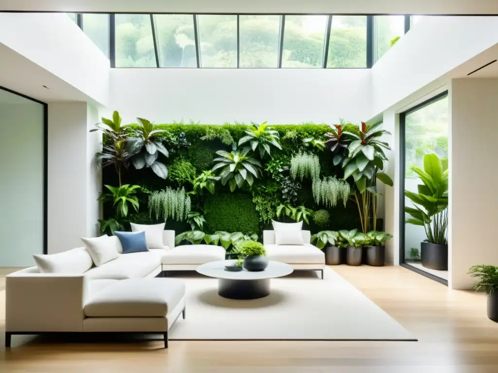 Espacio interior minimalista con jardines verticales para plantas interiores, naturaleza integrada en diseño moderno y tranquilo