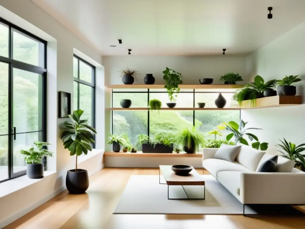 Espacio interior minimalista con luz natural iluminando plantas de interior