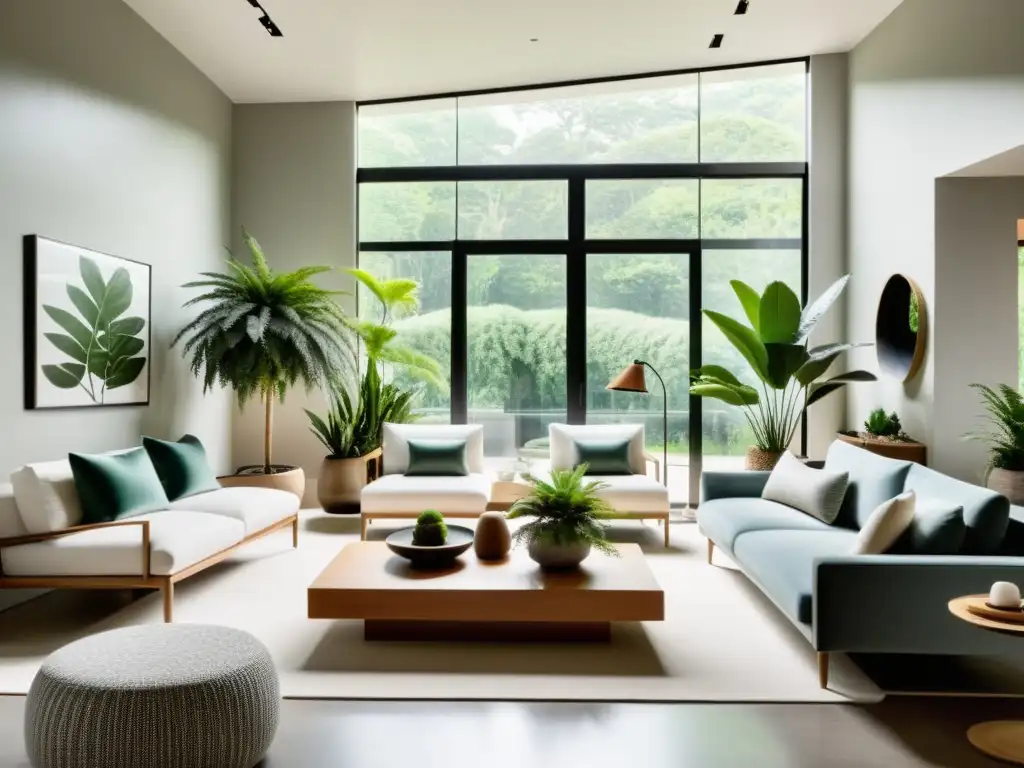 Espacio interior minimalista con plantas, diseño armonioso y tranquilo inundado de luz natural