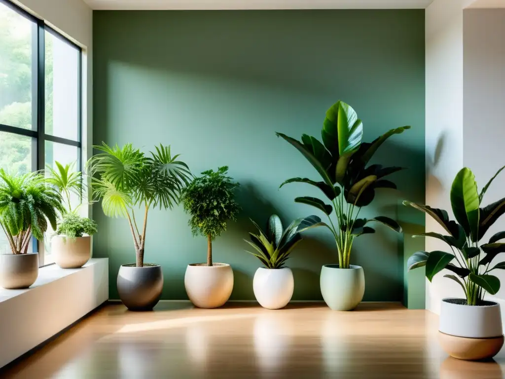 Un espacio interior minimalista con plantas de interior antiestrés naturales, luz suave y paleta relajante