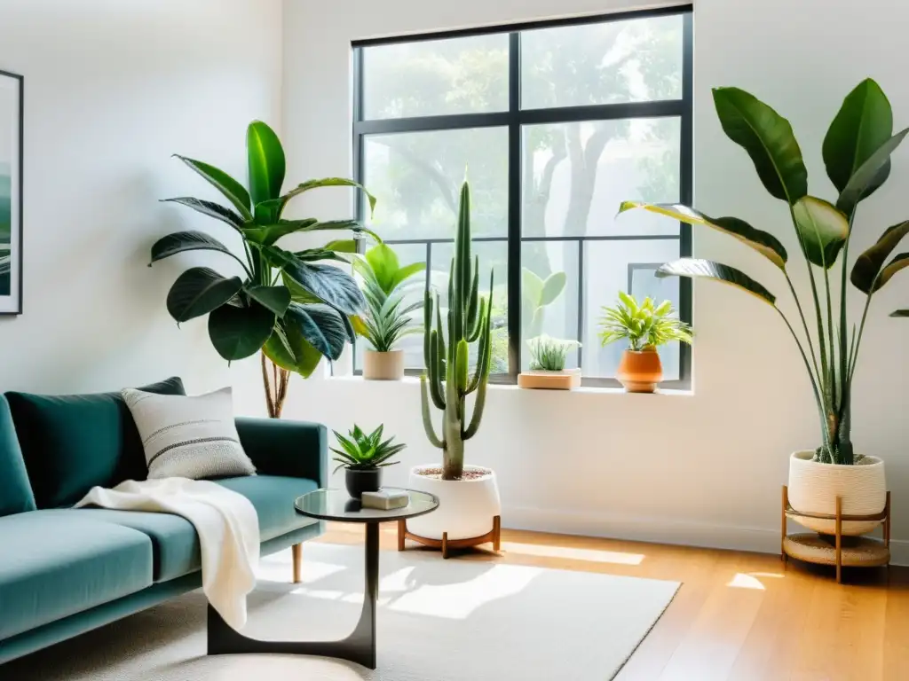 Espacio interior minimalista con plantas de interior de alturas variadas, combinando elegancia natural