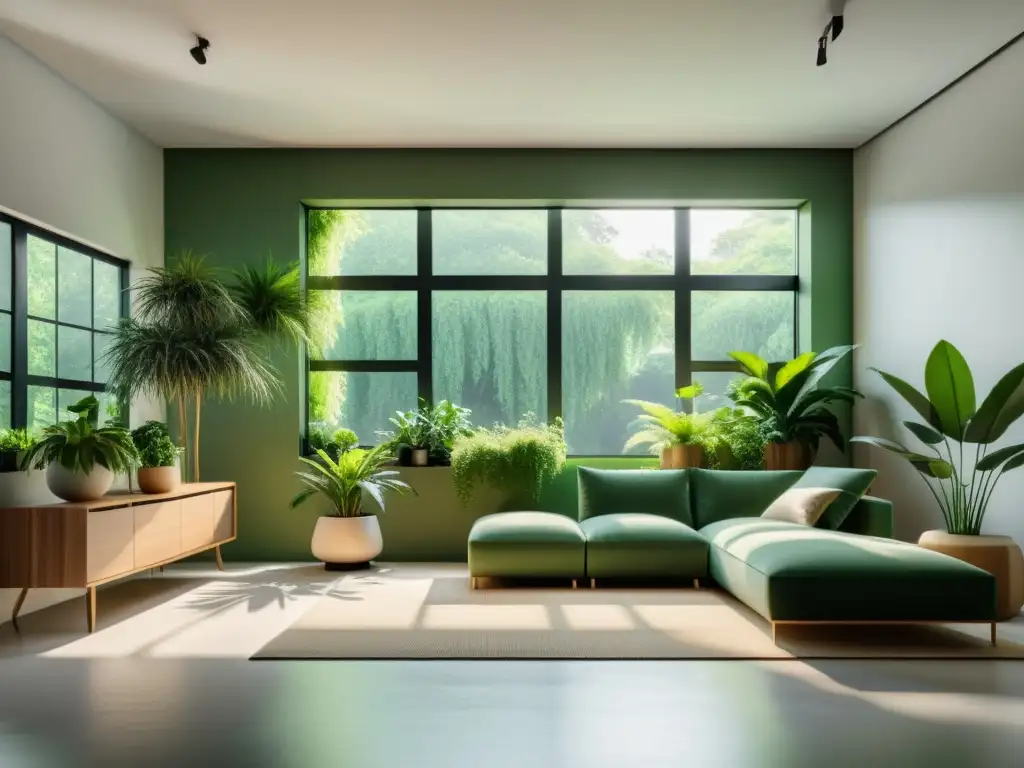 Espacio interior minimalista con plantas de interior estratégicamente ubicadas, creando armonía y serenidad